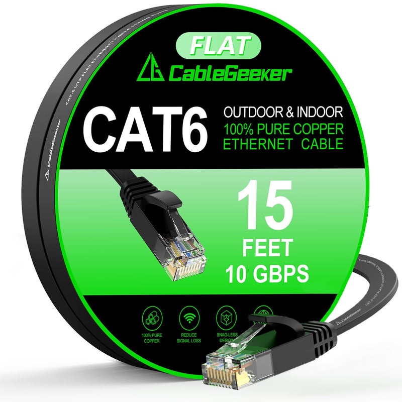 CableGeeker Cat 6 Ethernet Cable 15 ft, Indoor&Outdoor, High Speed 10Gbps Flat Internet Network Cable, Pure Copper Ethernet Patch Cable Long, Computer LAN Cable with Clips & Straps for Router, Modem, PS4/5, Black - Image 1